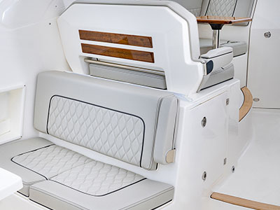 Pursuit DC 365 luxury dual console boat cockpit seating.