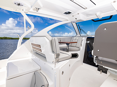 Detail view of OS 355 offshore boat bridge deck social zone perfect for entertaining.