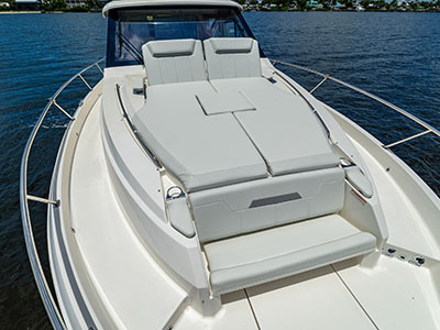 Forward-facing bow seating of a Pursuit OS 445 seen from above.