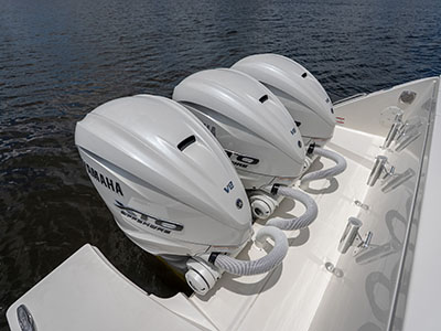 Yamaha XTO outboards and transom of a Pursuit OS 445 seen from above.