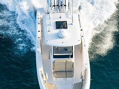 Aerial view looking down on the hardtop of the S 288 Sport boat.
