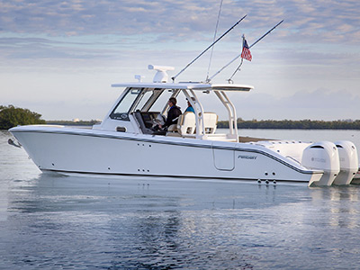Profile view of S 328 Sport boat facing left.