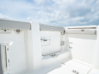 Hull side door on the Pursuit S 358 Sport Center Console boat.