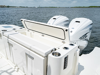 The stern of the Pursuit S 358 Sport Center Console boat with twin Yamaha Engines.