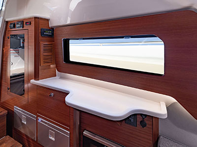 Gally below deck on Pursuit S 388 sport center console boat.