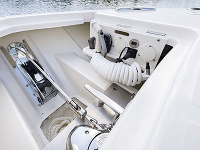 Anchor locker with windlass anchor system on a Pursuit Sport Center Console.