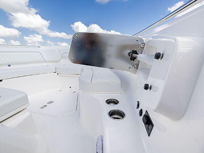 Back of folding backrest on Pursuit S 388 boat.