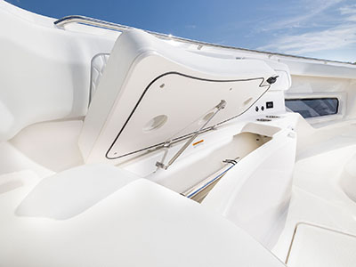 Storage lockers under bow seating on Pursuit S 388 Center Console boat.