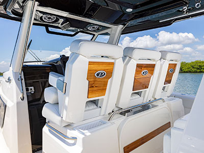 Helm seating on a Pursuit S 388 boat.
