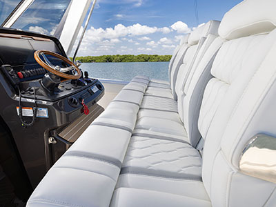 Shot of the helm area on Pursuit S 388 Center Console boat.
