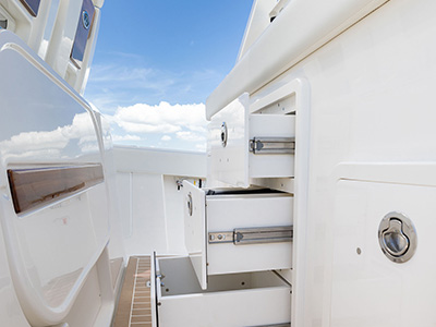 Storage abounds on the Pursuit S 388 with multiple drawers and hatches.