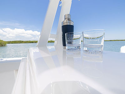 Rocks glasses are ready for the passengers on the Pursuit S 388 center console boat.