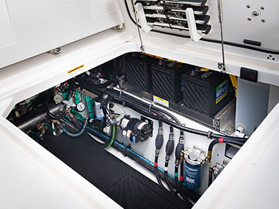 Mechanical hatch open for easy access on Pursuit Boats S 388.