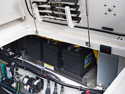 Mechanical hatch open for easy access on Pursuit Boats S 388.