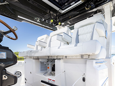 View of the helm seats on Pursuit Boats S 388 Center Console boat.