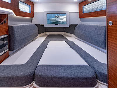 Cabin converts to a comfortable berth on Pursuit S 388 Sport Center console boat.