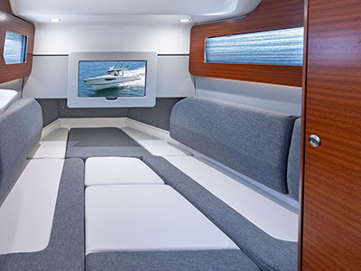 Cabin converts to a comfortable berth on Pursuit S 388 Sport Center console boat.