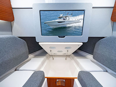 Storage in the cabin of Pursuit Boats S 388 Sport center console boat.