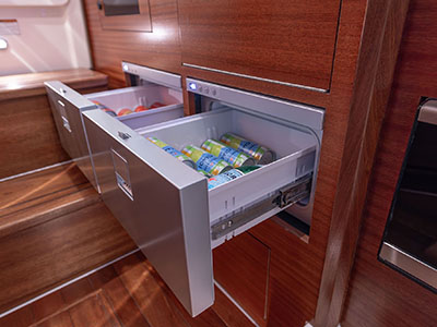 The gally of the Pursuit S 388 has freezer and refrigerator drawers.