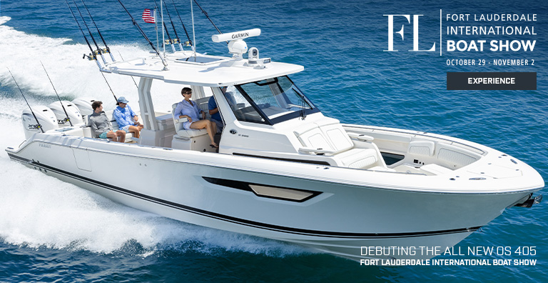 Profile of Pursuit Boat running. Text over photo. Fort Lauderdale International Boat Show Join Us Oct 29 - Nov 2, LEARN MORE