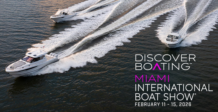 Profile of Pursuit Boat running. Text over photo. Miami International Boat Show Join Us February 11 - 15, LEARN MORE