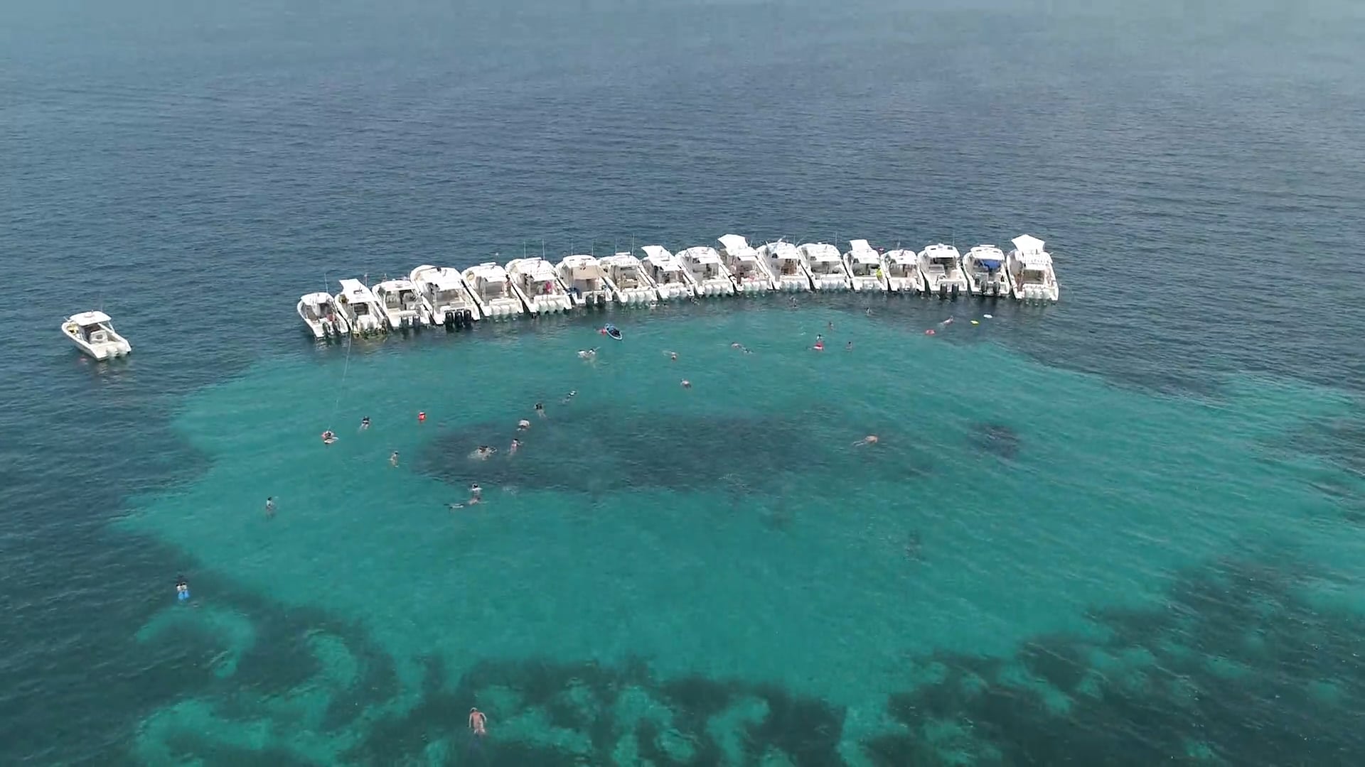 Aerial view of Pursuit boats tethered offshore in Bimini.