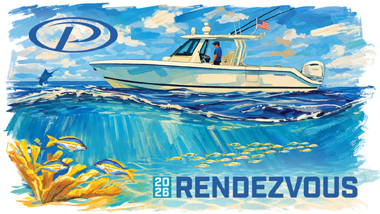 Illustration of a Pursuit boat cruising on blue ocean waters, with fish swimming underwater, a swordfish in the distance, and “2026 Rendezvous” text at the bottom.