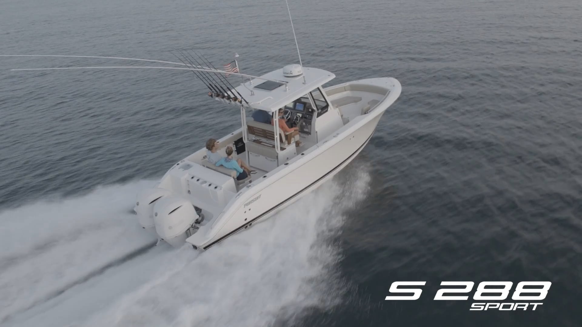 Aerial one quarter profile view of the S 288 Sport boat running right.