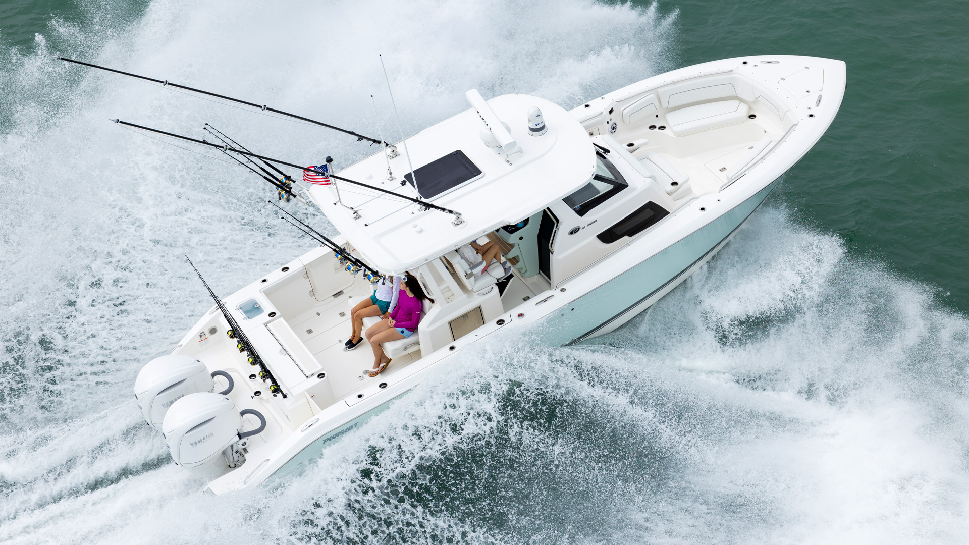 Pursuit S 328 Center Console aerial view.