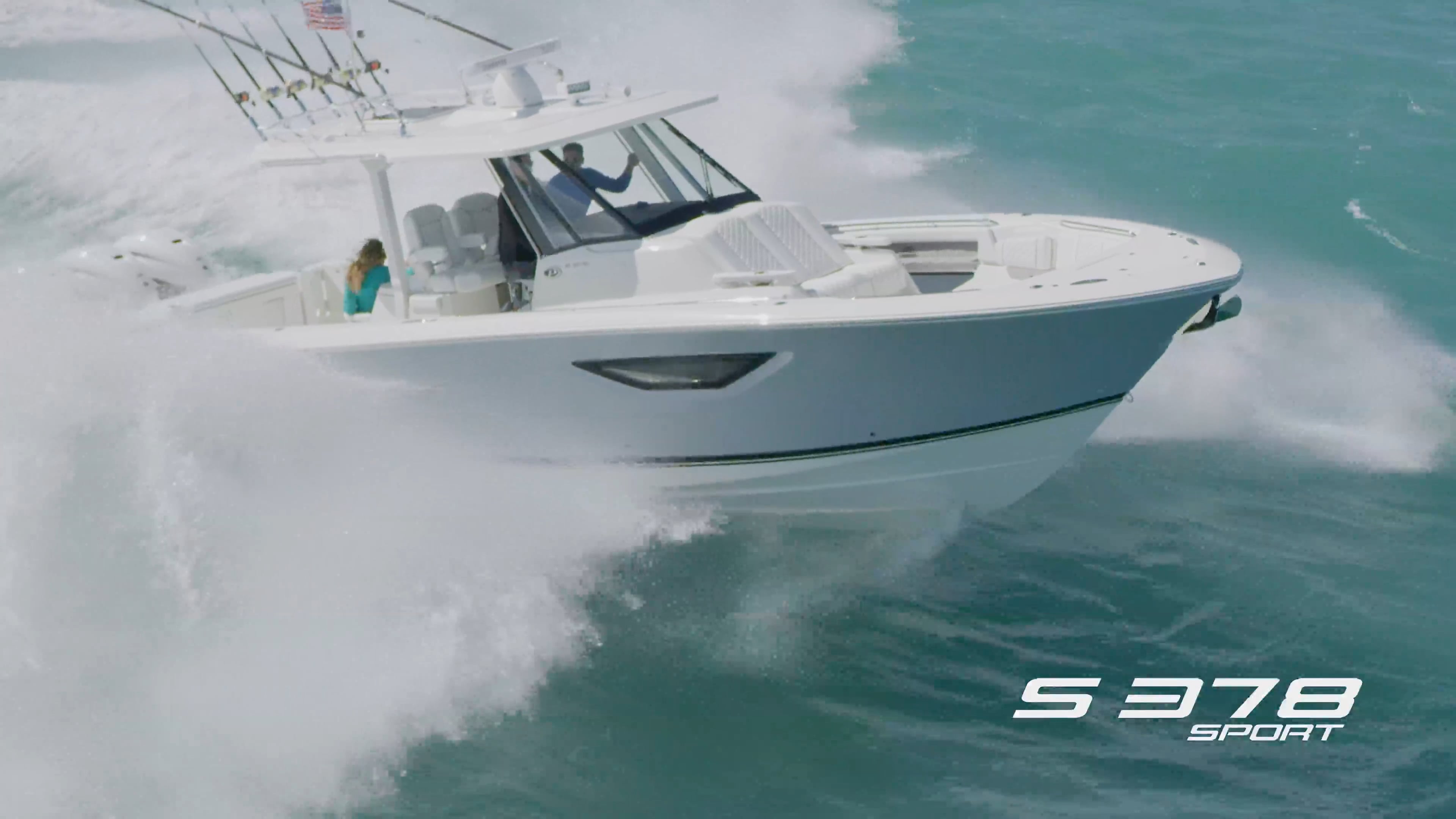 Aerial profile of S 378 Center Console Sport Boat running right offshore.