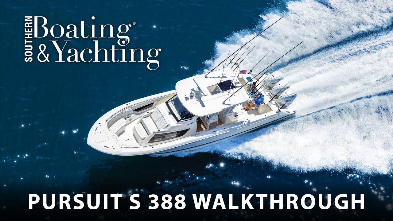 Aerial view of a Pursuit S 388 center console sport running offshore