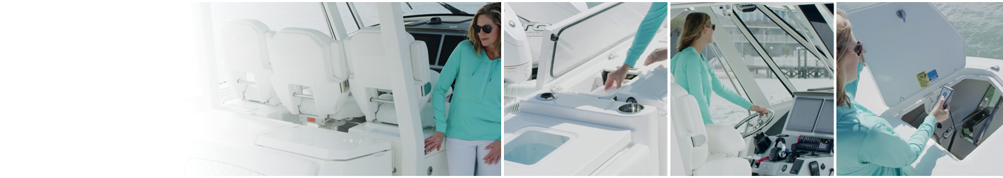 Background image of sales person showing boat features