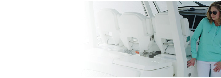 Background image of sales person showing boat features
