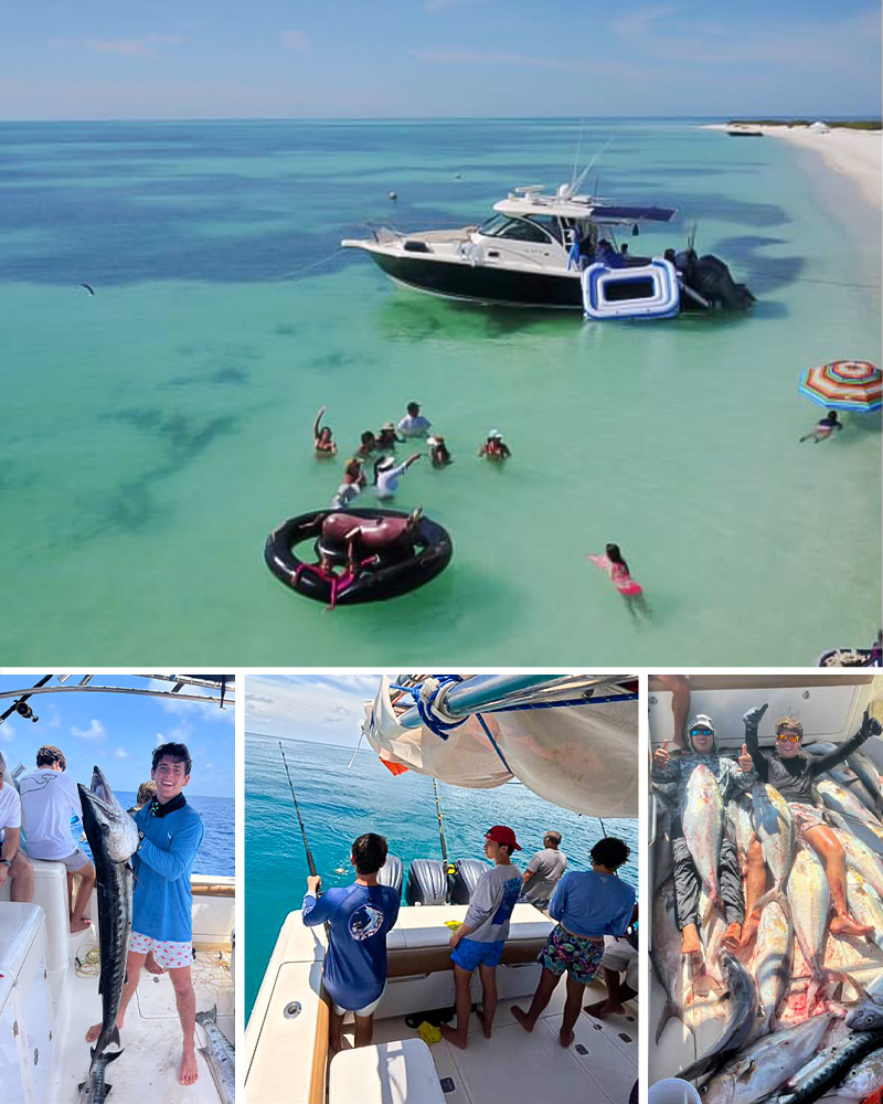 A group of friends having a good time aboard the Pursuit OS 385 Offshore.