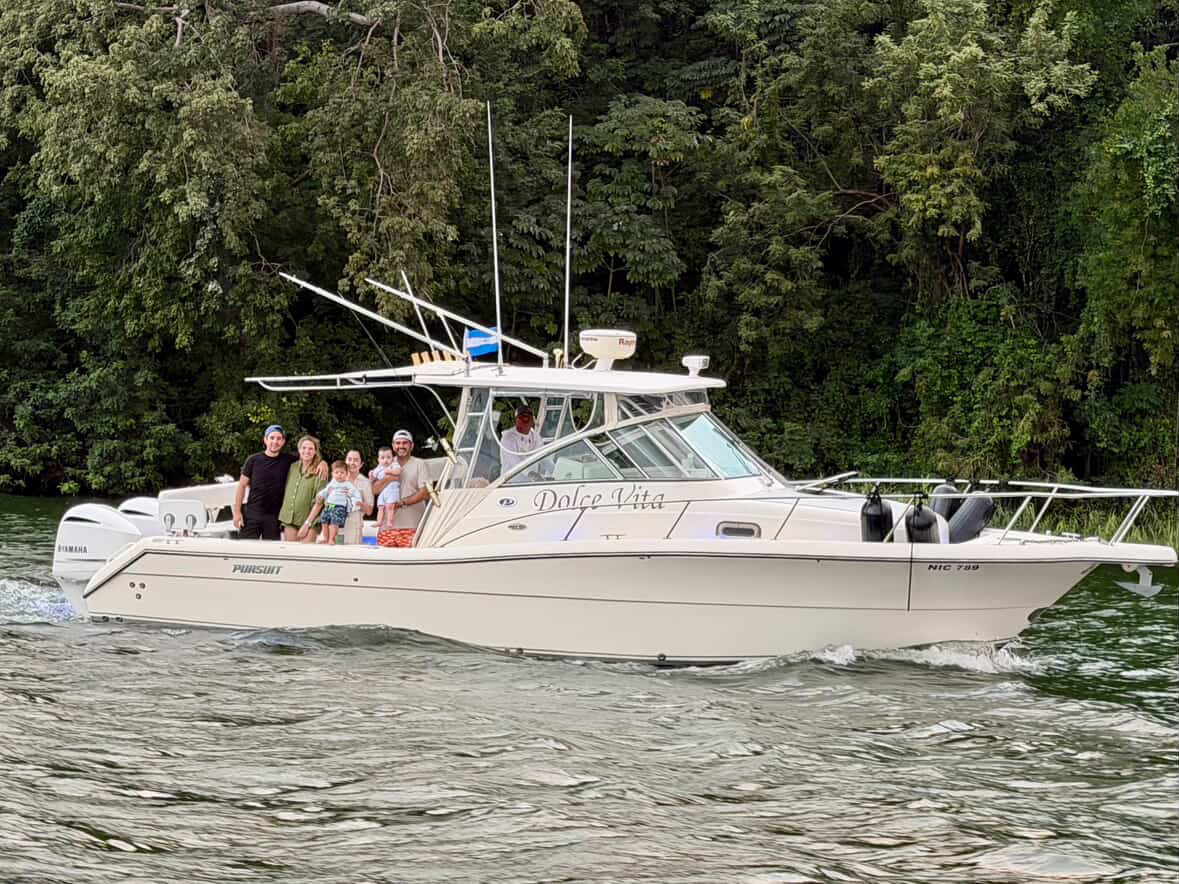 The Pursuit owner and his family are on board their Pursuit 3070 Offshore Express, named Dolce Vita.