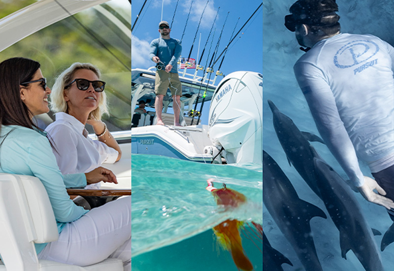 Three lifestyle photos of Pursuit boaters wearing and using Pursuit gear.
