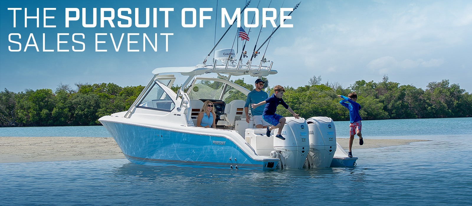 Boys jumping into the water from the extended transom platforms of the Pursuit DC 286. Text over image. The Pursuit of More sales event. 