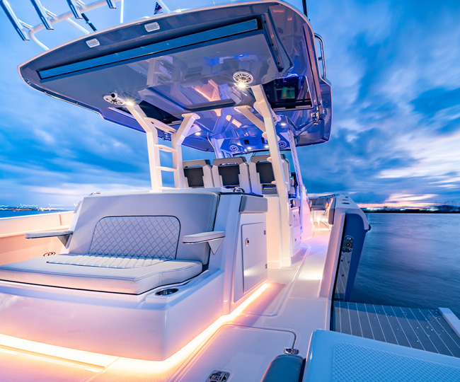 Sunset detail view of S 428 Pursuit Sport Center Console Boat.