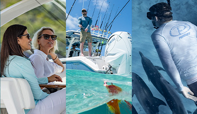 Three lifestyle photos of Pursuit boaters wearing and using Pursuit gear.